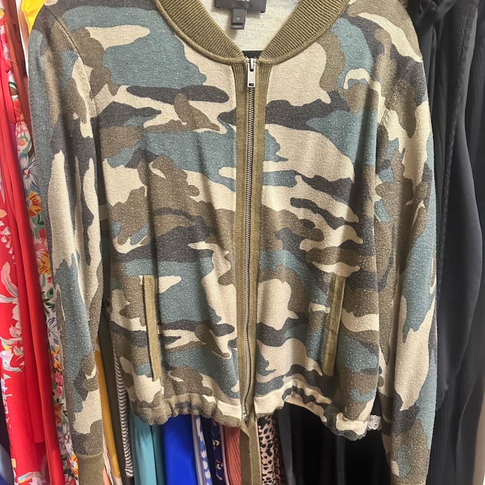 J. Crew Green and Brown Bomber Jacket with Camouflage Pattern